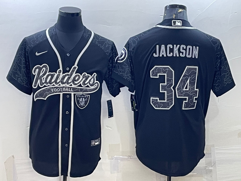 Men's Las Vegas Raiders #34 Bo Jackson Black Reflective With Patch Cool Base Stitched Baseball Jersey